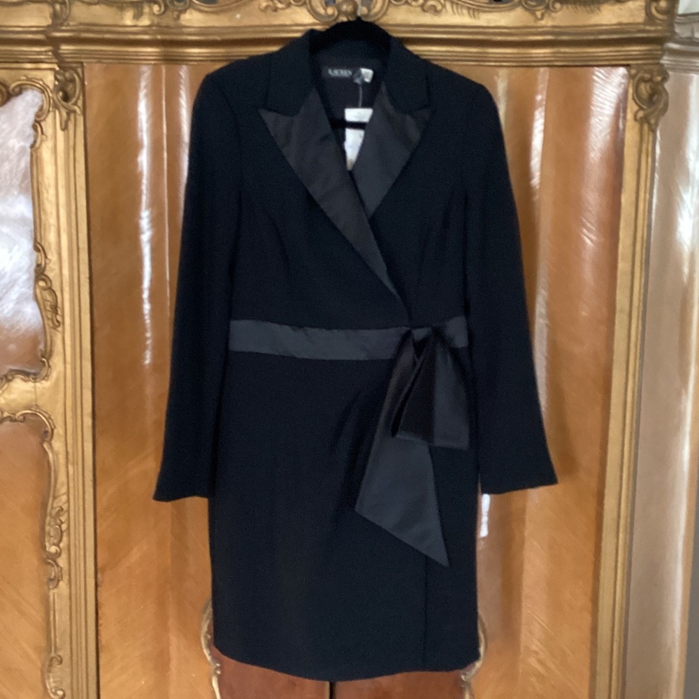 NWT Ralph Lauren Black Cocktail Dress w/ Satin Lapels, Waistband & Large Bow